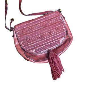 Fossil EMI Saddle Crossbody Bag | purse | Tassel burgundy wine leather suede